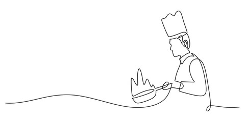 Restaurant chef cooking, one line drawing. Food and kitchen concept.