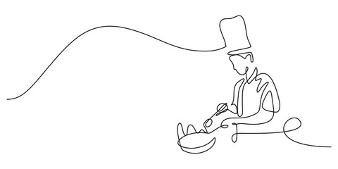 Chef cooking in kitchen, one line drawing. Minimalist food preparation concept.