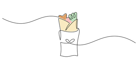 Kebab wrap in one line drawing. Shawarma food concept.