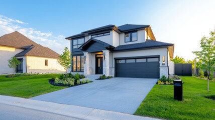 A large house with a black garage door sits on a large lawn