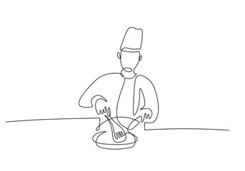 Chef cooking in one line drawing. Professional kitchen and food concept.
