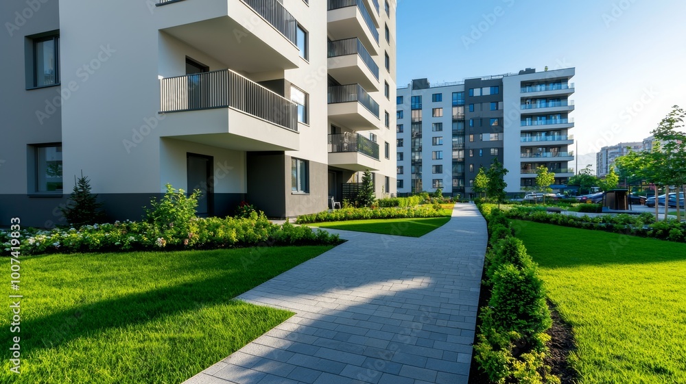 Poster a large apartment building with a walkway in front of it