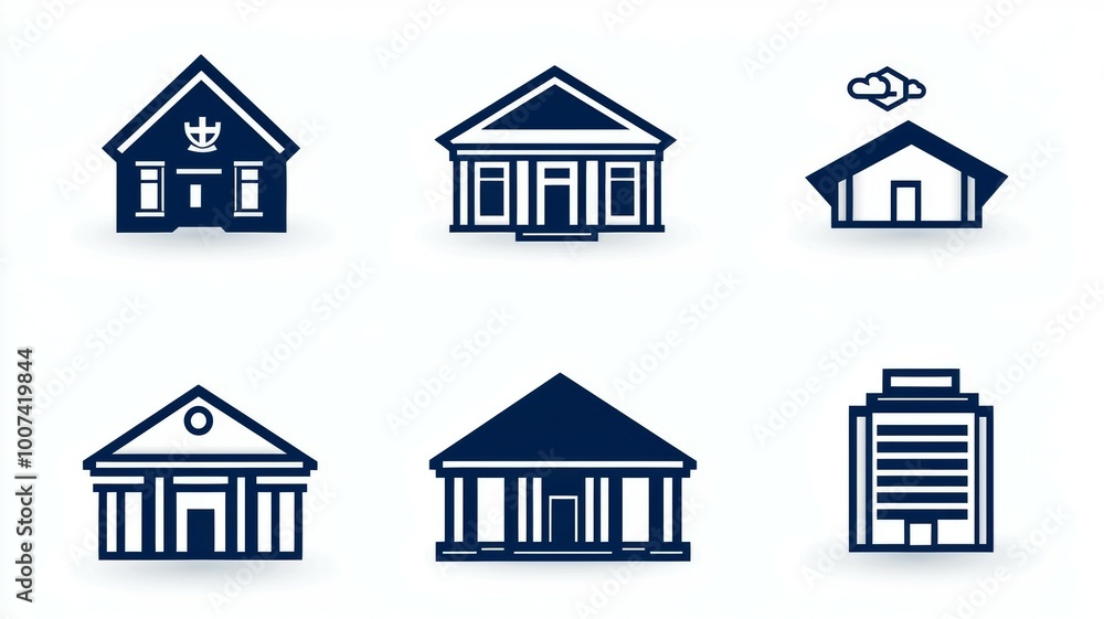 Poster a set of six different buildings, each with a unique design and style