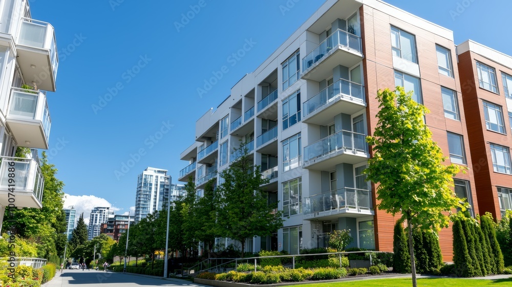 Aufkleber a large apartment building with a green tree in front of it