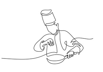 Chef preparing meal in one line drawing. Cooking and perfection concept.