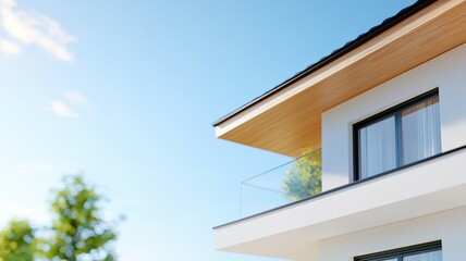 A white house with a balcony and a tree in the background
