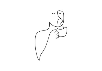 Person holding coffee cup in one line drawing. Coffee break concept.
