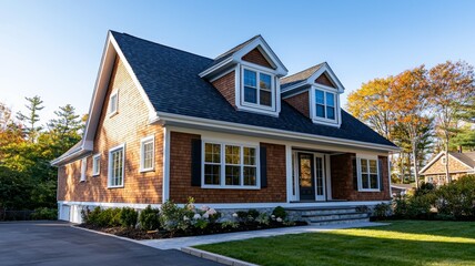 A large house with a black roof and white trim