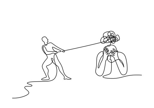People pulling dizzy man in one line drawing. Mental health therapy. Simple vector art.