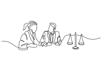 People holding scales of justice in one line drawing. Legal concept. Minimalist vector design.