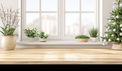 Empty Wooden Table Top with Blurred Background