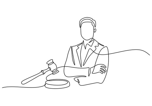 recommend clip art: Professional lawyer with gavel in one line drawing. Law and justice concept. Minimalist vector art.