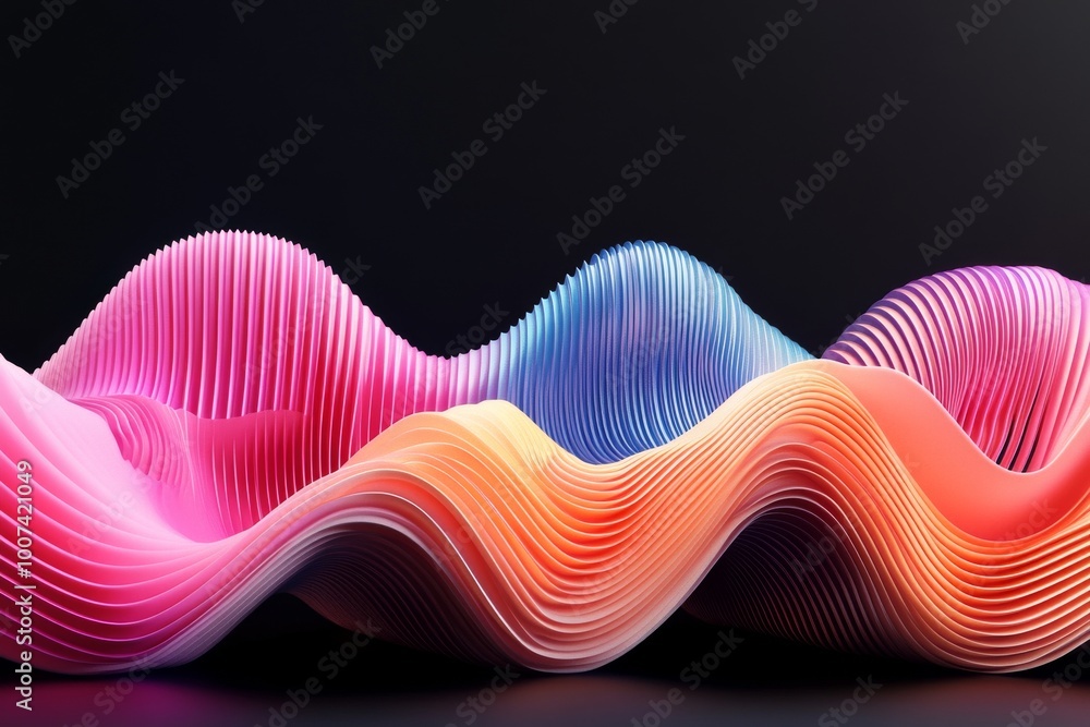 Poster abstract multicolored wavy ornament on black background with shiny gradients and colorful lines
