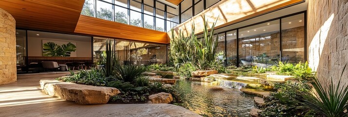 professional photo of Realistic biophilic architecture in Austin Texas, indoor garden, water features, 