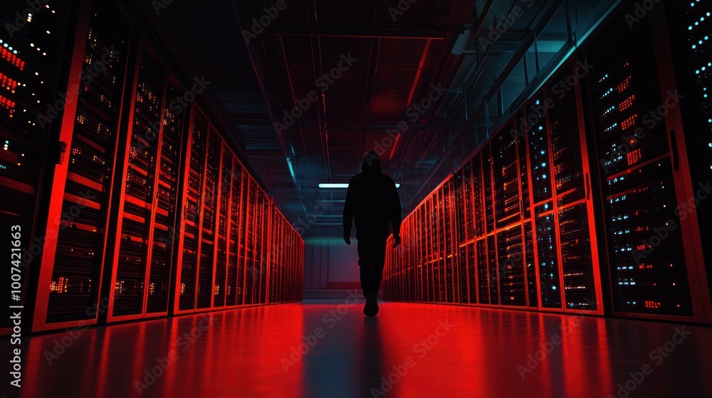 Poster mysterious hacker walking through server room