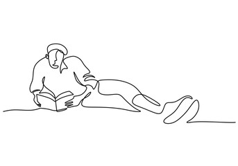 Man reading a book in continuous line drawing. Enjoying literature and relaxation concept. Simple vector.