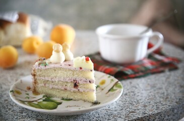 piece of tasty cake and cup of tea