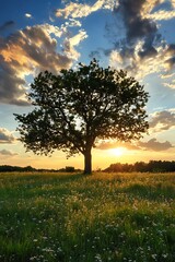 Fototapeta premium Silhouette of a Tree at Sunset with Colorful Sky and Meadow
