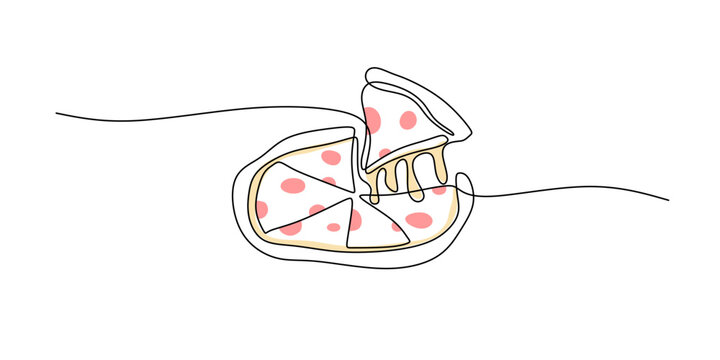 recommend clip art: Pizza in one line drawing. Salami, mushrooms, and cheese on a pizza for pizzeria.