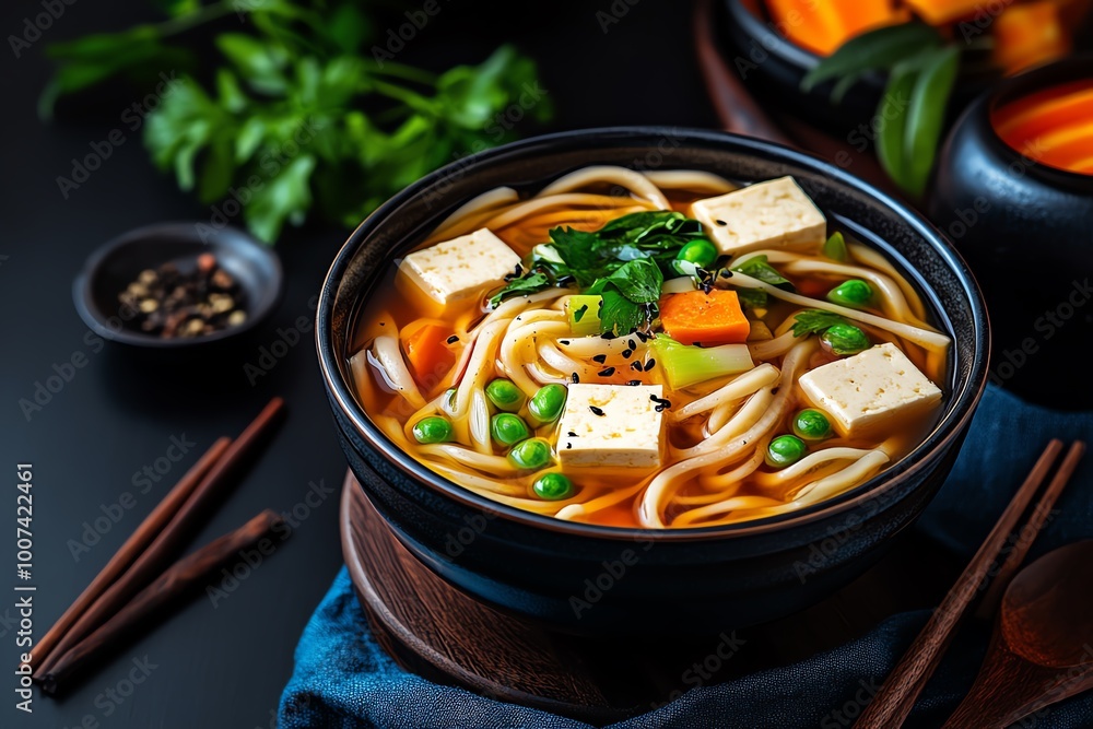 Aufkleber a magical vegetarian noodle soup where the broth glows with mystical light, and the tofu and vegetab