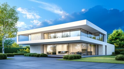 Fototapeta premium A large white house with a lot of glass windows and a fireplace
