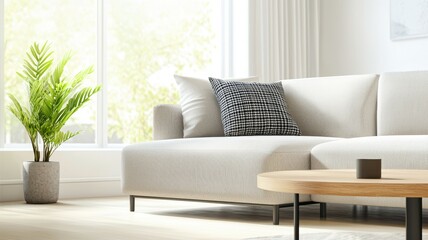A white couch with a black and white pillow sits in front of a window