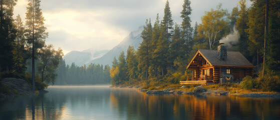AI generator image of  Wooden hut, log near the river,Idyllic nature view featuring a charming log cabin surrounded by wilderness
