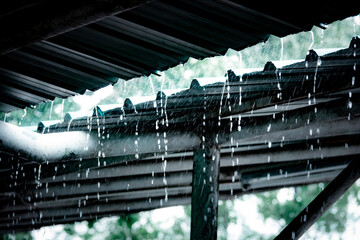 The roof is leaking and the rain is falling. The rain is coming down in a steady stream