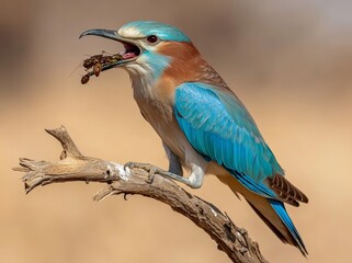 Obraz premium This European Roller (Coracias garrulus) was feeding on an insect in Pusztaszer, Hungary, in May 2008.