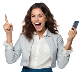 Woman holding phone shouting adult white background.