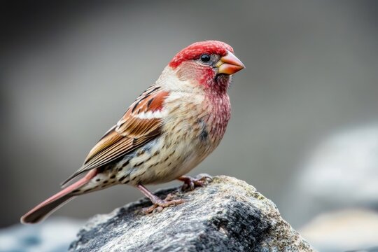 On Mount Cheget, Caucasus, Russia, an old male Great rosefinch (Carpodacus rubicilla) perches on a rock.