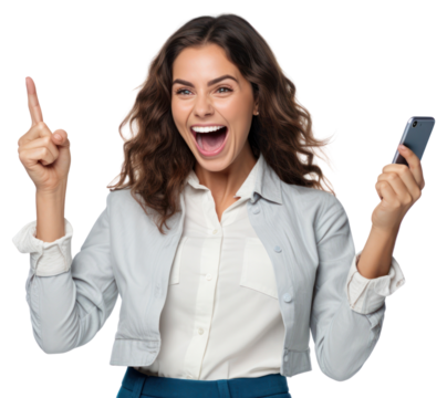 Woman holding phone shouting adult white background. - Powered by Adobe