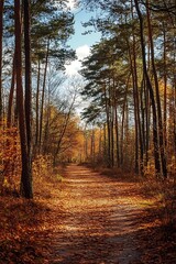 Fototapeta premium Autumn Path Through Sun Dappled Forest
