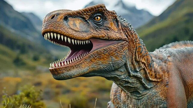 Close-up of a Tyrannosaurus Rex head with sharp teeth, looking ferociously toward the camera with a blur of a mountain background and green grass in the foreground.