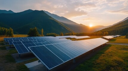 Solar Panels at Sunrise in Mountain Landscape