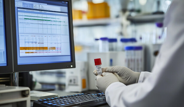 AI generator image of advanced analytical equipment in a modern pharmaceutical laboratory. The image highlights a detailed view of a vial of medication held by a scientist in a white lab coat,