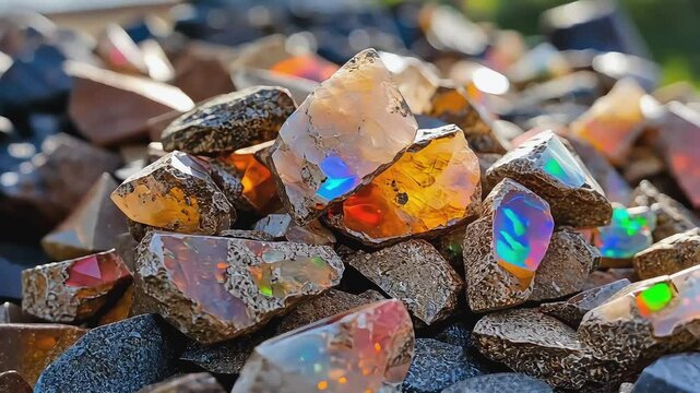 Close-up of colorful opals with a rough, dark gray surface, set against a blurred background.