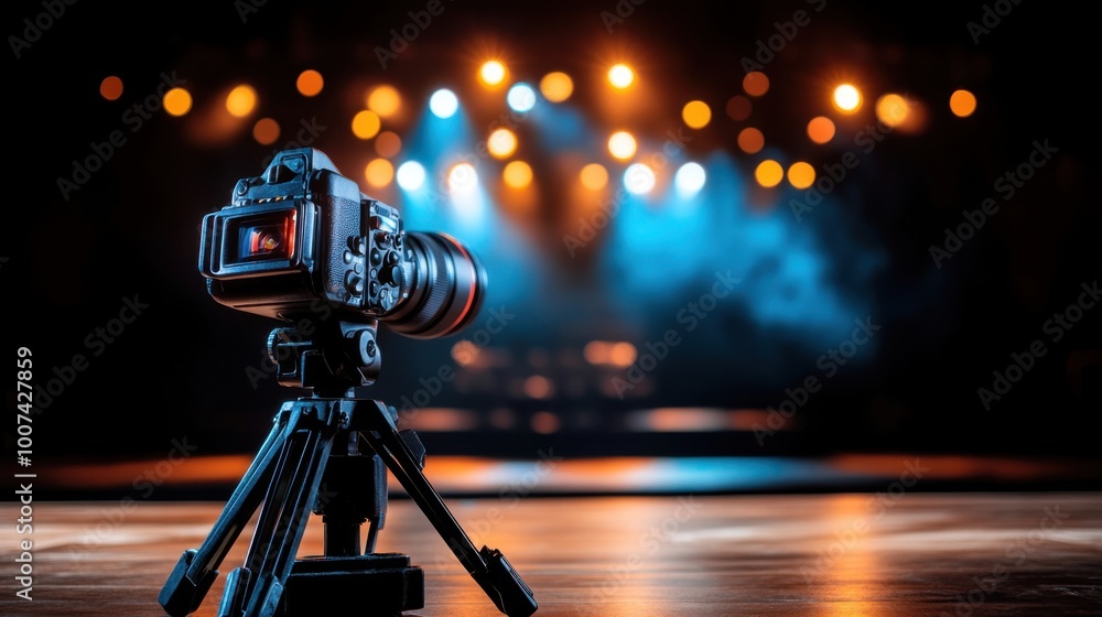 Poster stage lighting setup with camera on tripod