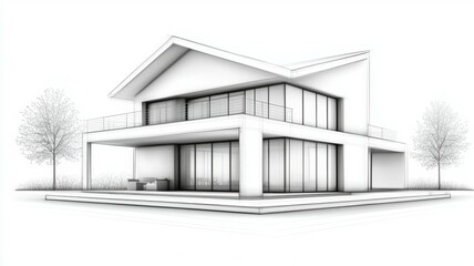 A large white house with a balcony and a tree in the background