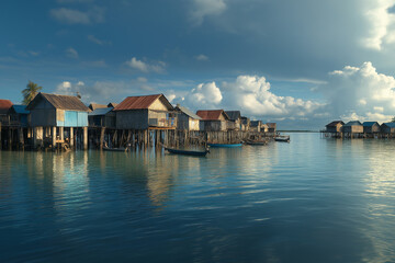 Fototapeta premium AI generator image of coastal village built on stilts to adapt to rising sea levels, with houses elevated above the water