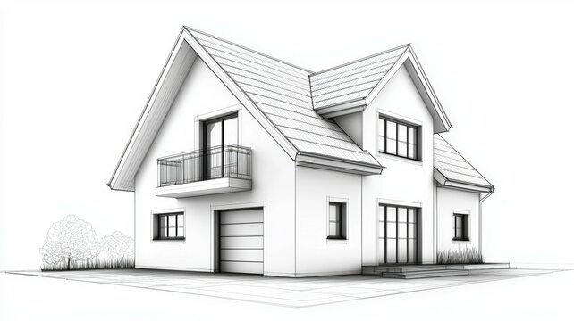 A white house with a slanted roof and a balcony