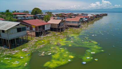 Naklejka premium AI generator image of entire tropical sea covered in plastic bottles and other trash, with luxurious water bungalows in the middle. The water is brownish-green from organic debris mixed into it.