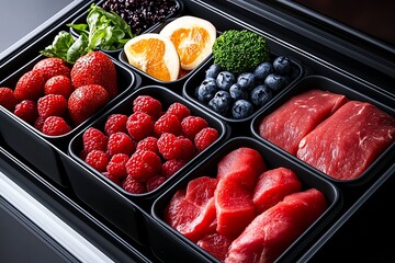 A meal prep fridge with blood type-specific meals, neatly organized into containers for easy, healthy eating based on blood type needs.