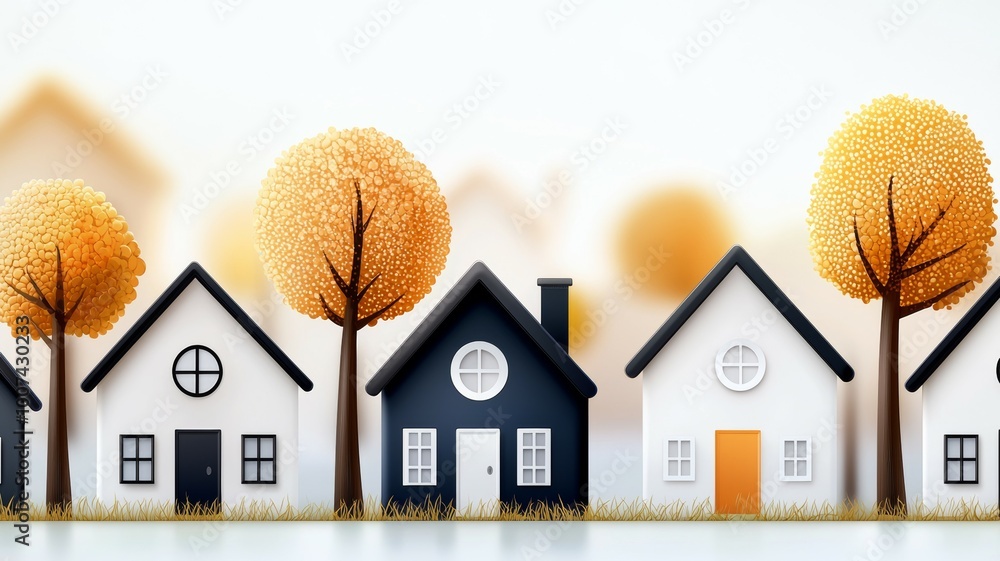 Poster a row of houses with a tree in front of each one
