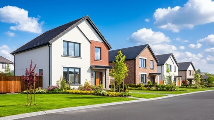 A row of houses with a white house in the middle
