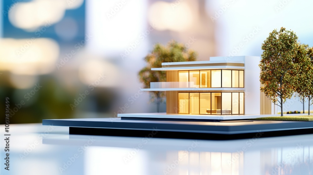 Poster a model of a house with a balcony and a tree in front of it
