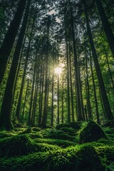 Obraz premium Sun shining through tall trees in a lush green forest