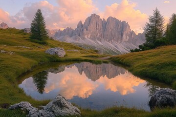 Obraz premium In spring, dramatic sunset colors at an idyllic alpine lake.