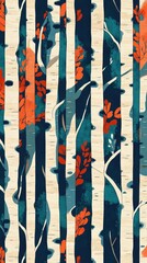 Hand-Drawn Geometric Birch Tree Pattern in Teal and Orange Complementary Colors