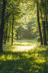 Fototapeta premium Sunbeams shining through trees in a lush green forest